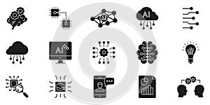 Artificial Intelligence Research and Knowledge Development Solid Icon Set. Machine Learning, Data Analysis and Digital