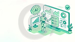 Artificial intelligence robot analyzing data on a large digital display screen