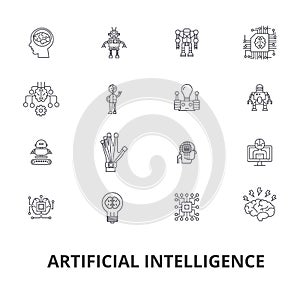 Artificial intelligence, robot, computer brain, technic, cyborg, brain, android line icons. Editable strokes. Flat