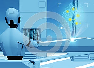 Artificial intelligence, robot. Cyborg on the computer. Science fiction. Sci-fi. Programming. Fingerprint hologram