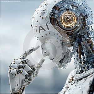 An artificial intelligence robot is in a deep thinking pose, representing advanced machine learning and future technology