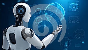 Artificial Intelligence Robot with Digital Globe Interface Showing Global Data Network and Future Technology