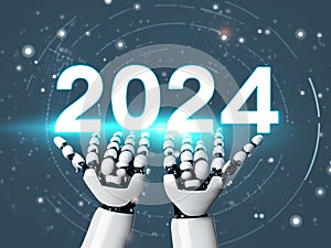 Artificial Intelligence robot hand holding 2024 New Year technology