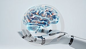 Artificial Intelligence - Robot Hand Holding a Glowing Brain