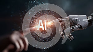 Artificial intelligence robot hand human finger technology digital circuit futuristic innovation connection glowing dark