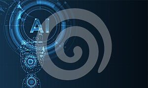 Artificial intelligence and robot hand in humanoid head with neural network thinks. Digital is learning processing big data.