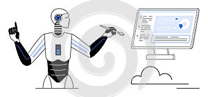 Artificial Intelligence Robot Interacting with a Computer Displaying Data in a Cloud Environment
