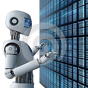 Artificial intelligence robot interacting with digital data wall
