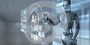 Artificial Intelligence Robot Interacting with Virtual Data Interface and Analytics Dashboard. 3D render