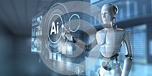Artificial Intelligence Robot Interacting with Virtual Data Interface and Analytics Dashboard. 3D render