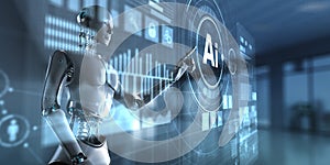 Artificial Intelligence Robot Interacting with Virtual Data Interface and Analytics Dashboard. 3D render