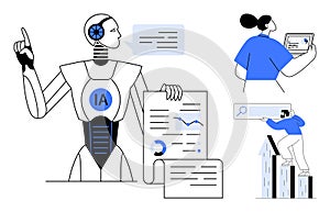 Artificial Intelligence Robot Presenting Data Insights with Professionals Collaborating on Research and Analysis