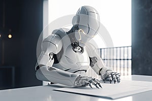 Artificial intelligence robot reading text.