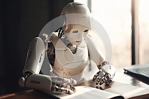 Artificial intelligence robot reading text.