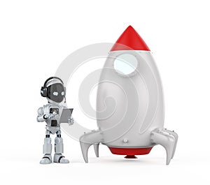 Artificial intelligence robot with space shuttle on planet
