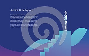 Artificial intelligence robot standing on top of stairs as top technology innovation. Future technology vector concept.