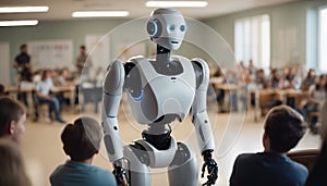 Artificial intelligence robot teacher in class at school