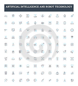 Artificial intelligence and robot technology vector line icons set. AI, Robot, Technology, Automation, Machine Learning