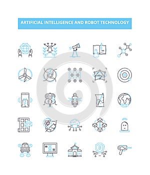 Artificial intelligence and robot technology vector line icons set. AI, Robot, Technology, Automation, Machine Learning