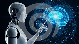 Artificial Intelligence Robot Touching Digital Brain Representing Machine Learning and Future Technology