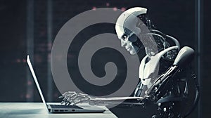 Artificial intelligence robot working with laptop. Ai generated