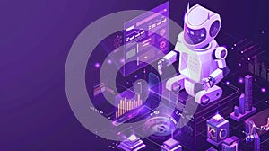 Artificial intelligence robots analyze data and diagrams on dashboard virtual screens, SEO workflow isolated on purple