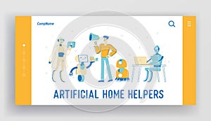 Artificial Intelligence Robots in Human Life Landing Page Template. Man Character with Megaphone Manage Cyborgs