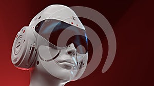 artificial Intelligence. sci fi robot head close-up on a red background