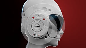 artificial Intelligence. sci fi robot head close-up on a red background