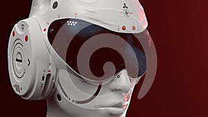 Artificial Intelligence. sci fi robot head close-up on a red background.