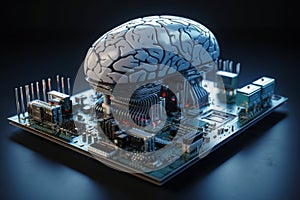 Artificial intelligence science concept with technological AI brain on the circuit board.