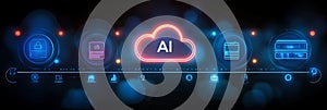 Artificial Intelligence, Secure Cloud Computing, Data Storage Futuristic Line Art Design