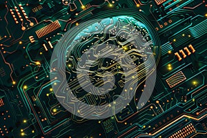 Artificial Intelligence. The shape of a human head on a chip. Generative AI.