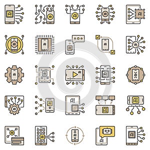 Artificial Intelligence in Smartphone colored icons. Phone with AI and Machine Learning Technology concept signs set