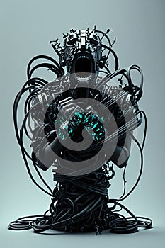 Artificial intelligence is taking over people. Machine cyborg tied by wire, cables and cry. Generative AI