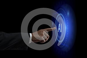 Artificial Intelligence Technology Concept. Business Analytics, Hand touching data with artificial intelligence on a virtual
