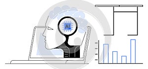 Artificial Intelligence Technology Concept with Human Head, Laptop, and Data Charts