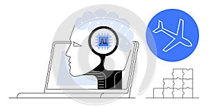 Artificial Intelligence and Technology Integration Concept with AI Brain and Travel Symbol