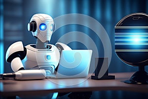 artificial intelligence technology robot chatbot working on laptop learning and answering questions