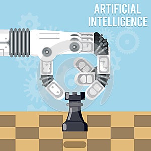 Artificial intelligence technology. Robot hand plays chess vector illustration