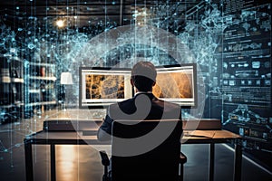 Artificial intelligence tools work for benefit of humans. Man sitting with his back to camera near computer
