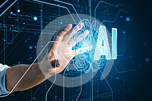 Artificial intelligence training, internet and network concept with man hand on virtual touch screen with human brain circuit and