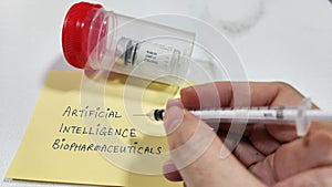 Artificial Intelligence used in biopharmaceutical and medical field concept using syringe and vaccine photo