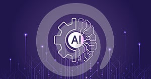 Artificial intelligence vector illustration. Technology background template. Abstract high tech brain on a purple background. Data