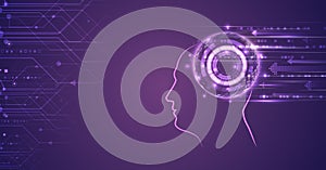Artificial intelligence vector illustration. Technology background template. Abstract high tech brain on a purple background. Data