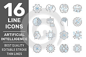 Artificial Intelligence Vector Line Icons Set. Cyber Brain, Face Recognition, Android, Humanoid Robot, Thinking Machine. Editable
