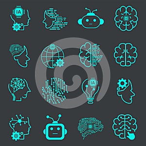 Artificial Intelligence Vector Line Icons Set. Face Recognition, Android, Humanoid Robot, Thinking Machine. Editable Stroke,