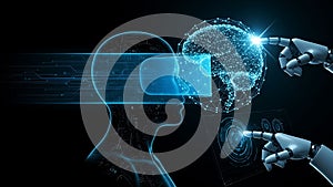 Artificial Intelligence Virtual Reality Interface with Robot Hands and Digital Brain Connection Concept