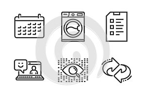 Artificial intelligence, Washing machine and Checklist icons set. Smile, Calendar and Refresh signs. Vector