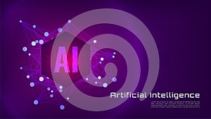Artificial Intelligence web banner. Abstract futuristic AI logo on dark purple background. Glowing letters on hexagon sign.
